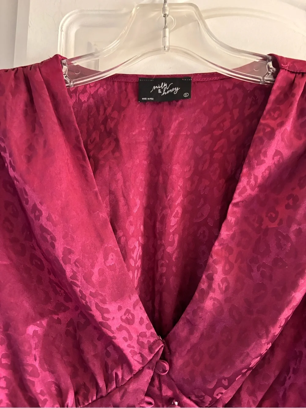 Free People Deep Fuchsia Satin Jacquard Button-Front Blouse